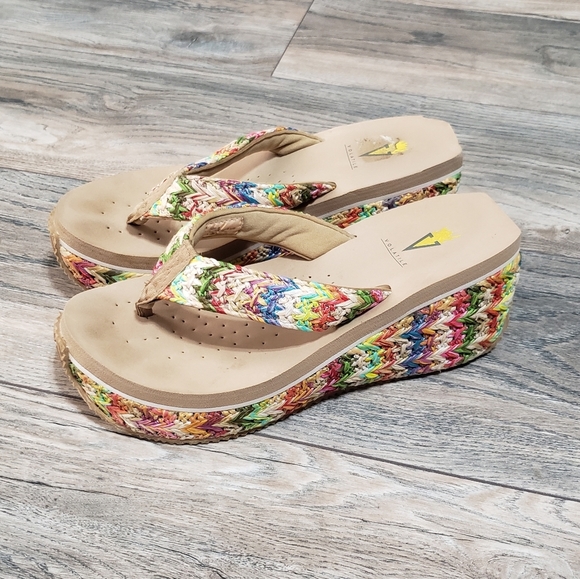 Volatile multicolor rainbow woven boho platform wedge flip flop comfort sandals
